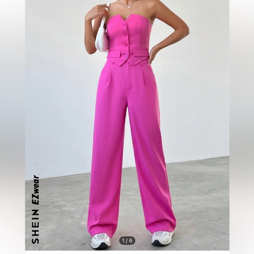 SHEIN EZwear Ladies' Strapless Button Up Top And Pants Set